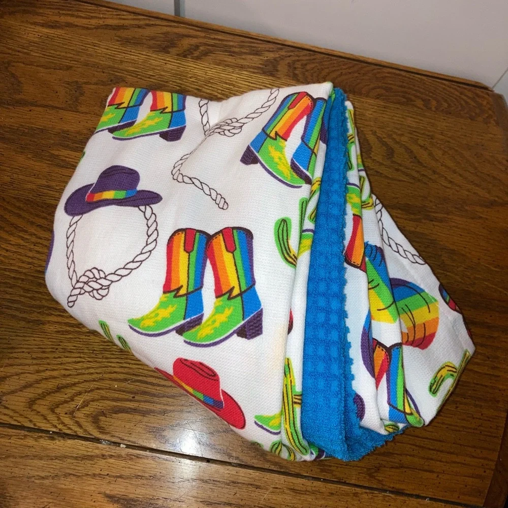 Kitchen Towel Set - 3, Rainbow Cow Girl   - NWT